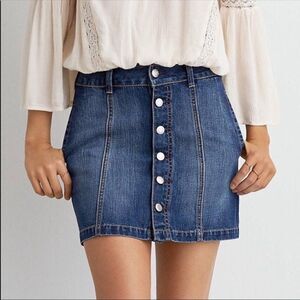 AE 8 Mini Stretch Denim Blue Medium Wash Skirt Button Front A-Line